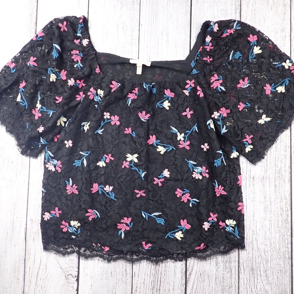Rebecca Taylor Women’s Size 8 Black & Pink Floral Embroidered Lace Summer Top